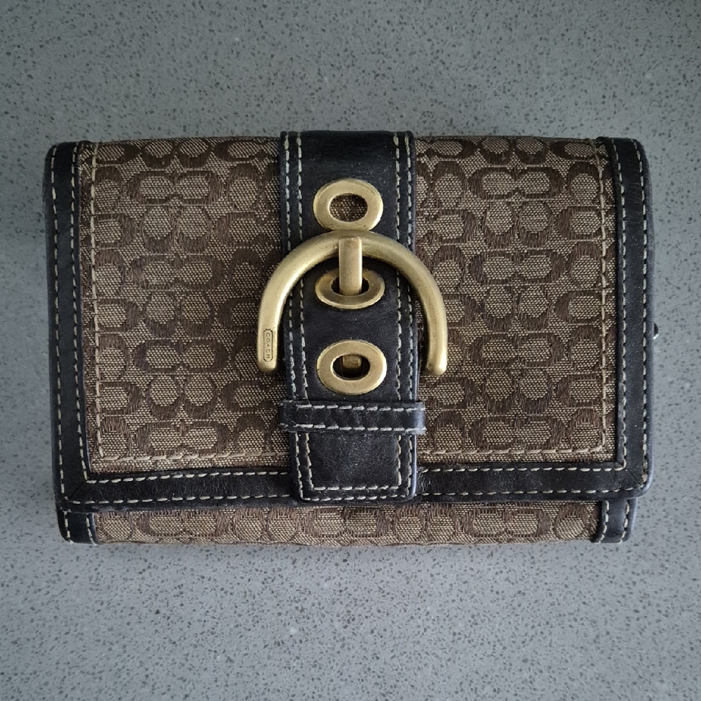 Coach Brown and Black Wallet with Gold Accents
